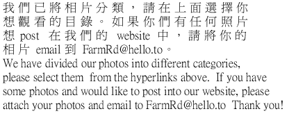 ڭ̤wNۤAЦbWܧAQ[ݪؿCpGA̦ӤQpostbڭ̪websiteAбNAۤemailFarmRd@hello.toCWe have divided our photos into different categories, please select them  from the hyperlinks above.  If you have some photos and would like to post into our website, please attach your photos and email to FarmRd@hello.to  Thank you!